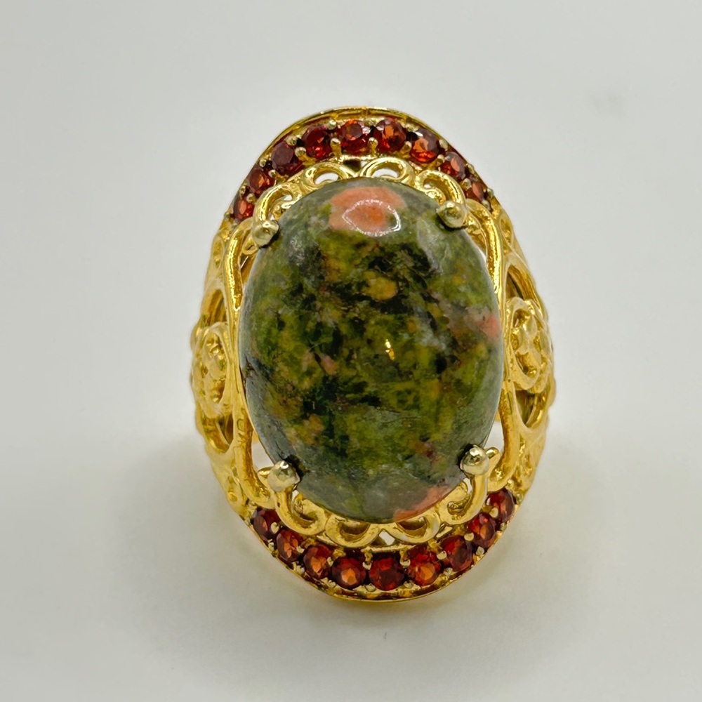 Unakite and Garnet Ring; Size 7; GdB